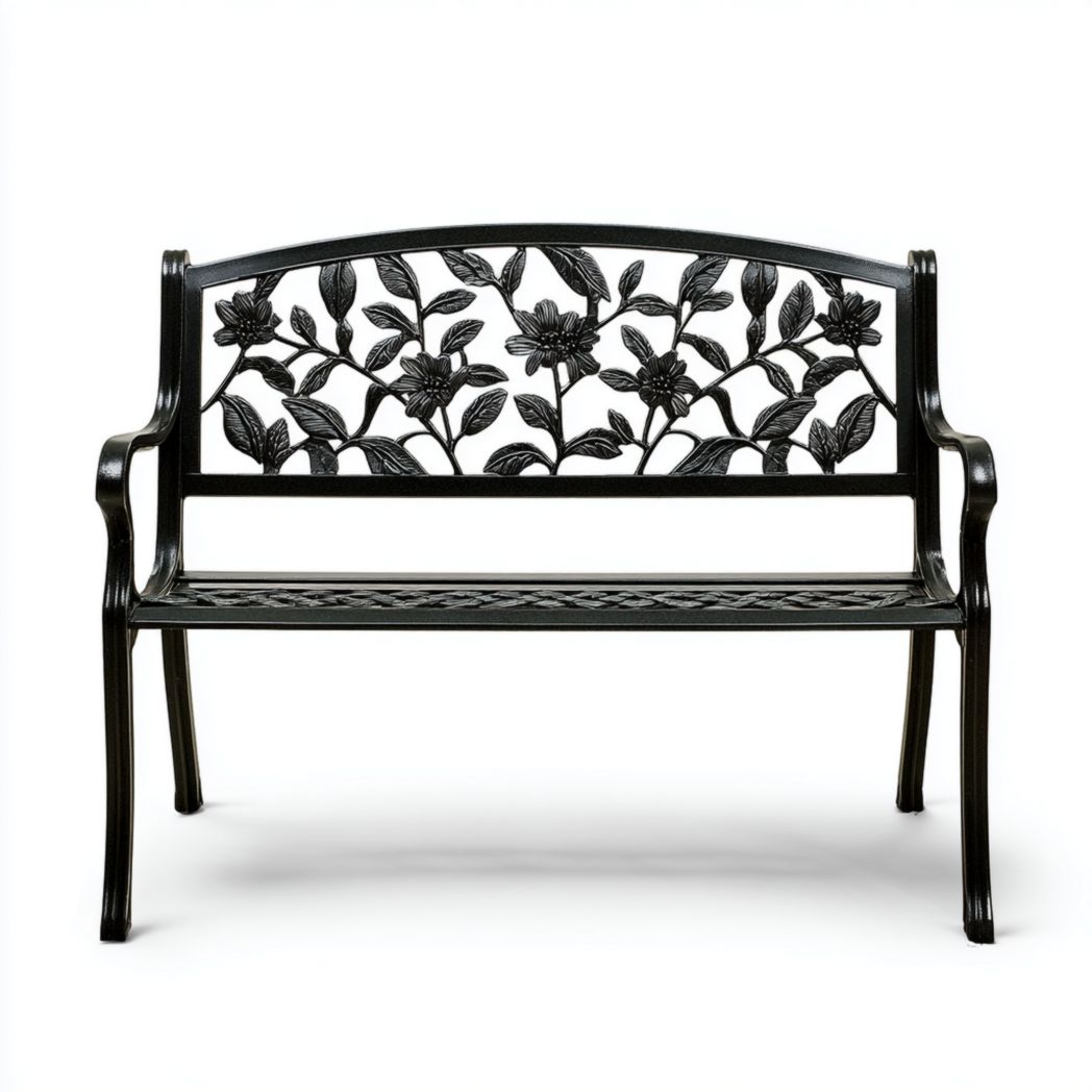 Banc de jardin en métal avec motifs floraux