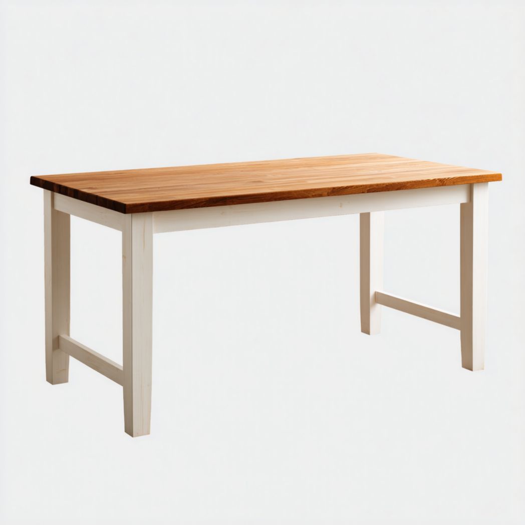 Table à manger rectangulaire avec plateau brun clair et pieds blancs