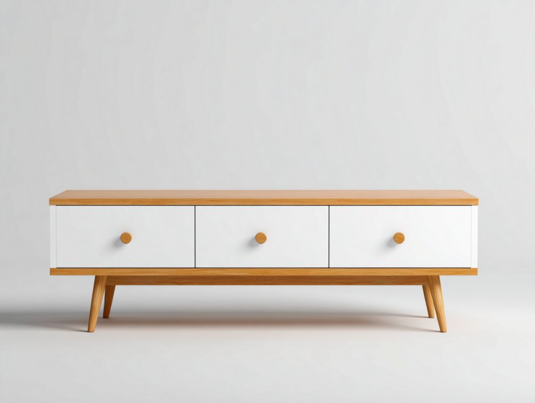 Meuble TV en bois blanc et brun clair à trois tiroirs