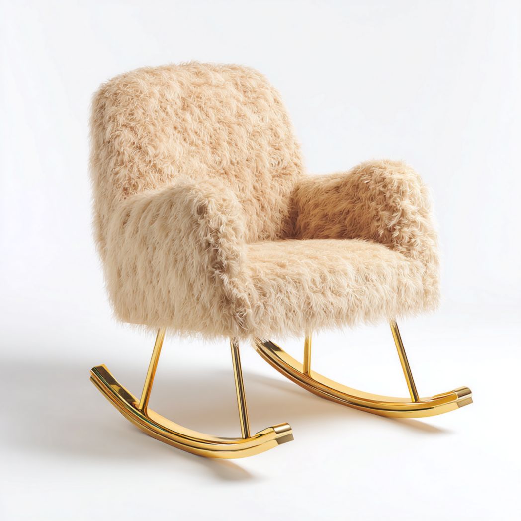 Fauteuil à bascule en tissu effet peau de mouton beige avec structure en métal doré