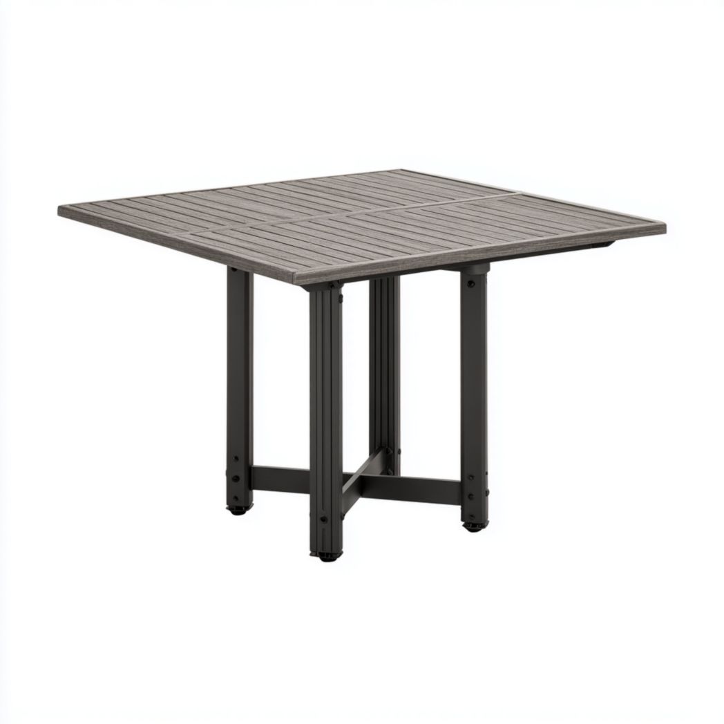Table de jardin en bois – Plateau gris et pieds en métal noir