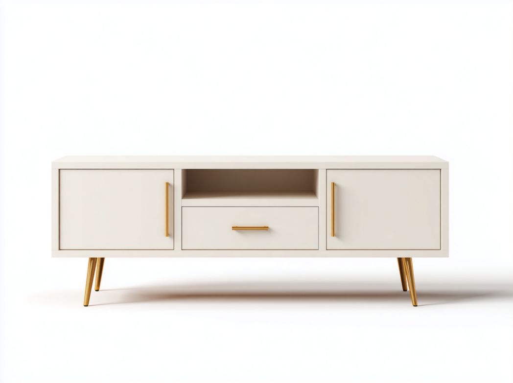 Meuble TV en bois blanc cassé avec pieds et poignées dorés