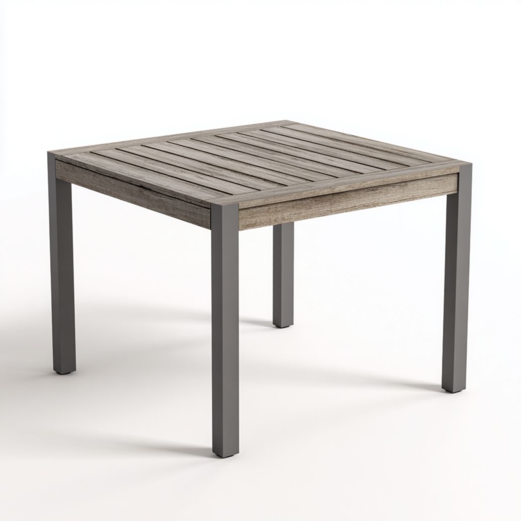 Table de jardin carrée avec cadre en métal gris et plateau en bois brun clair