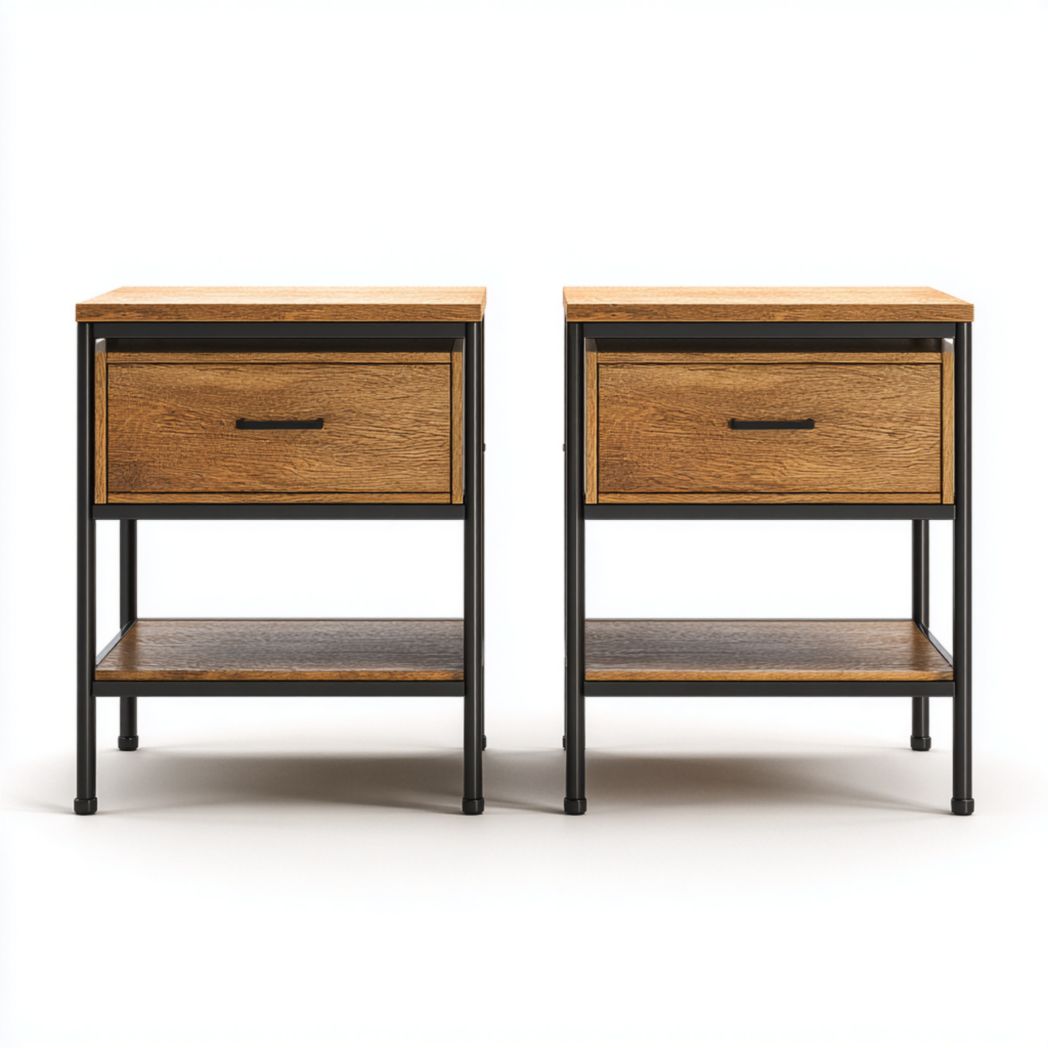 Lot de 2 tables de chevet brun foncé avec cadre noir