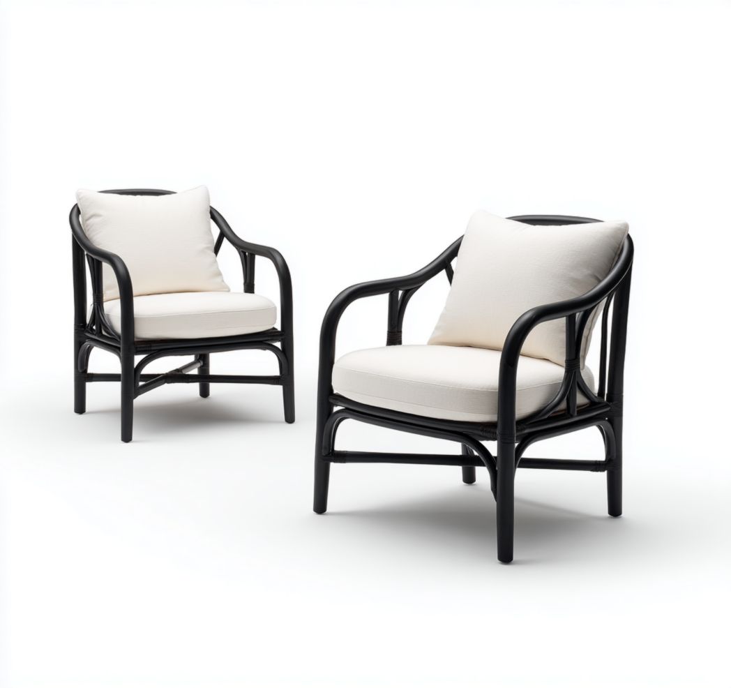 Lot de 2 chaises de jardin noires – Structure en bois avec coussins et dossiers beige clair