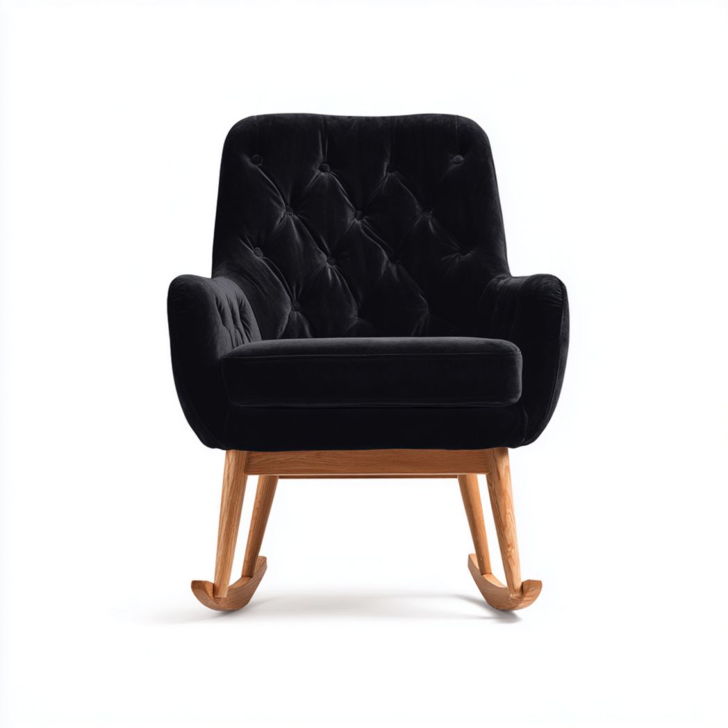 Fauteuil à bascule en velours noir avec structure en bois jaune clair