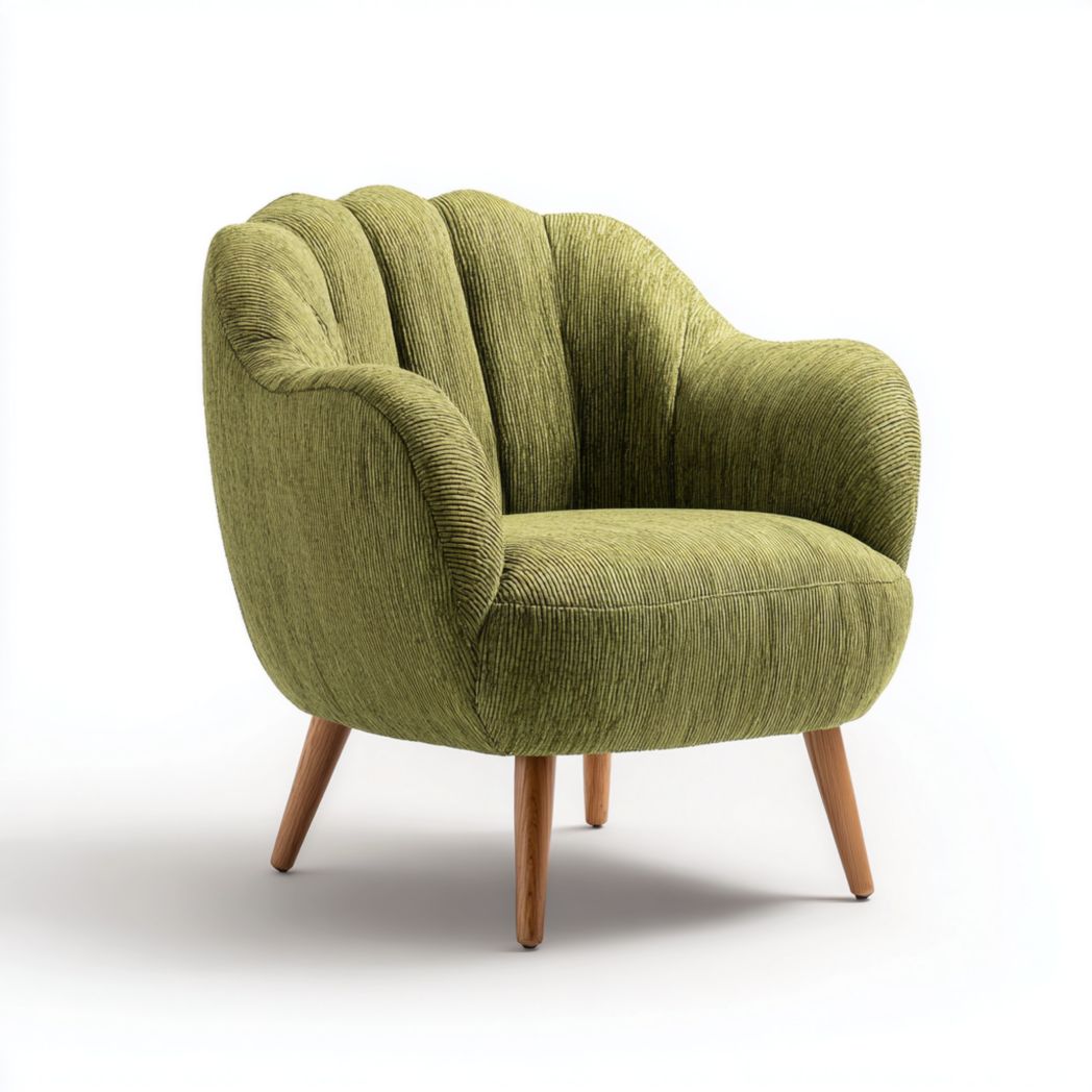 Fauteuil en velours côtelé vert avec pieds en bois brun clair