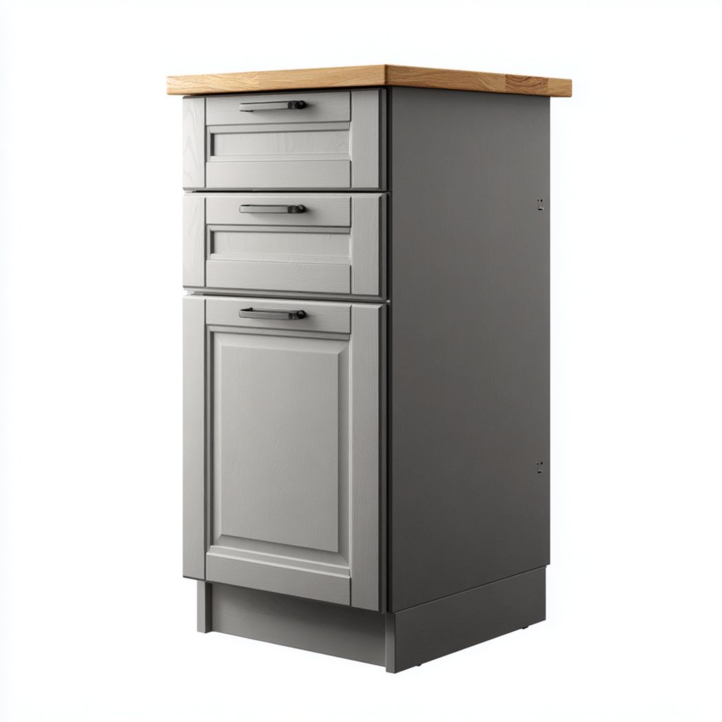 Meuble bas de cuisine gris avec 3 tiroirs et 1 porte, plateau marron clair