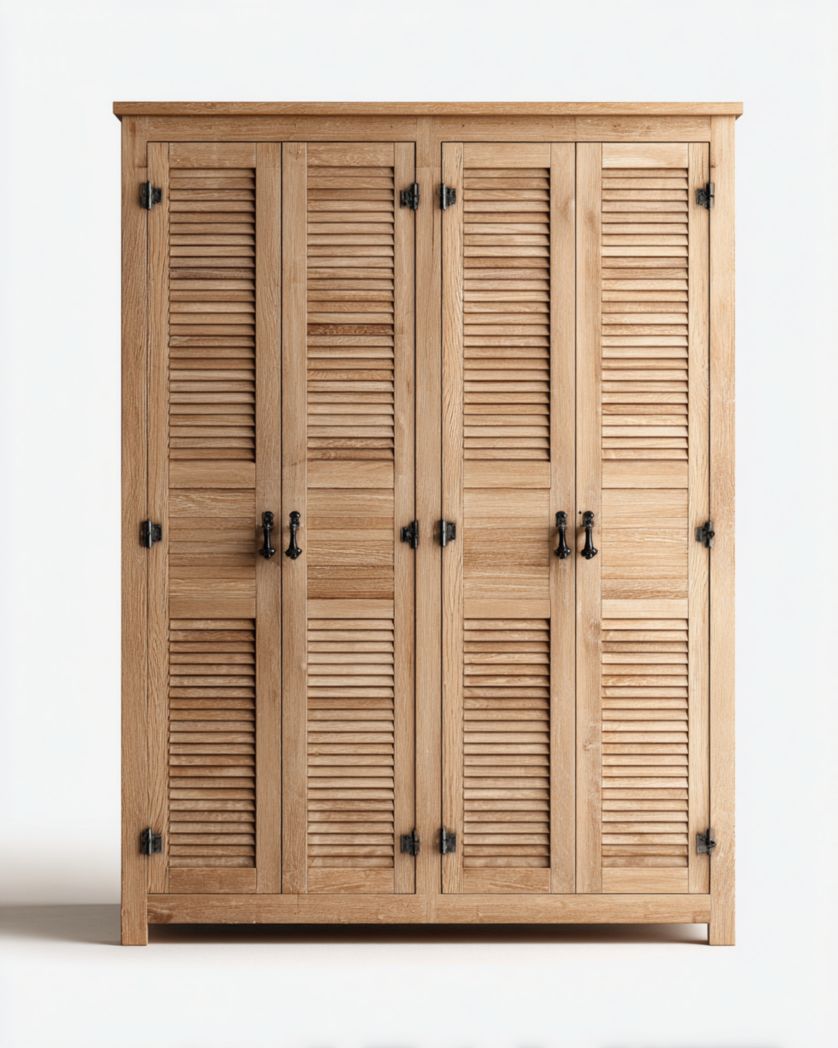 Armoire penderie à quatre portes couleur brun clair avec poignées et charnières noires