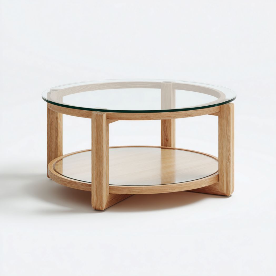 Table basse ronde en verre et bois brun clair avec étagère inférieure