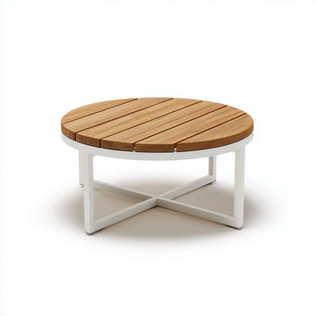 Table basse de jardin ronde – Table d’extérieur marron clair et blanche en aluminium et bois