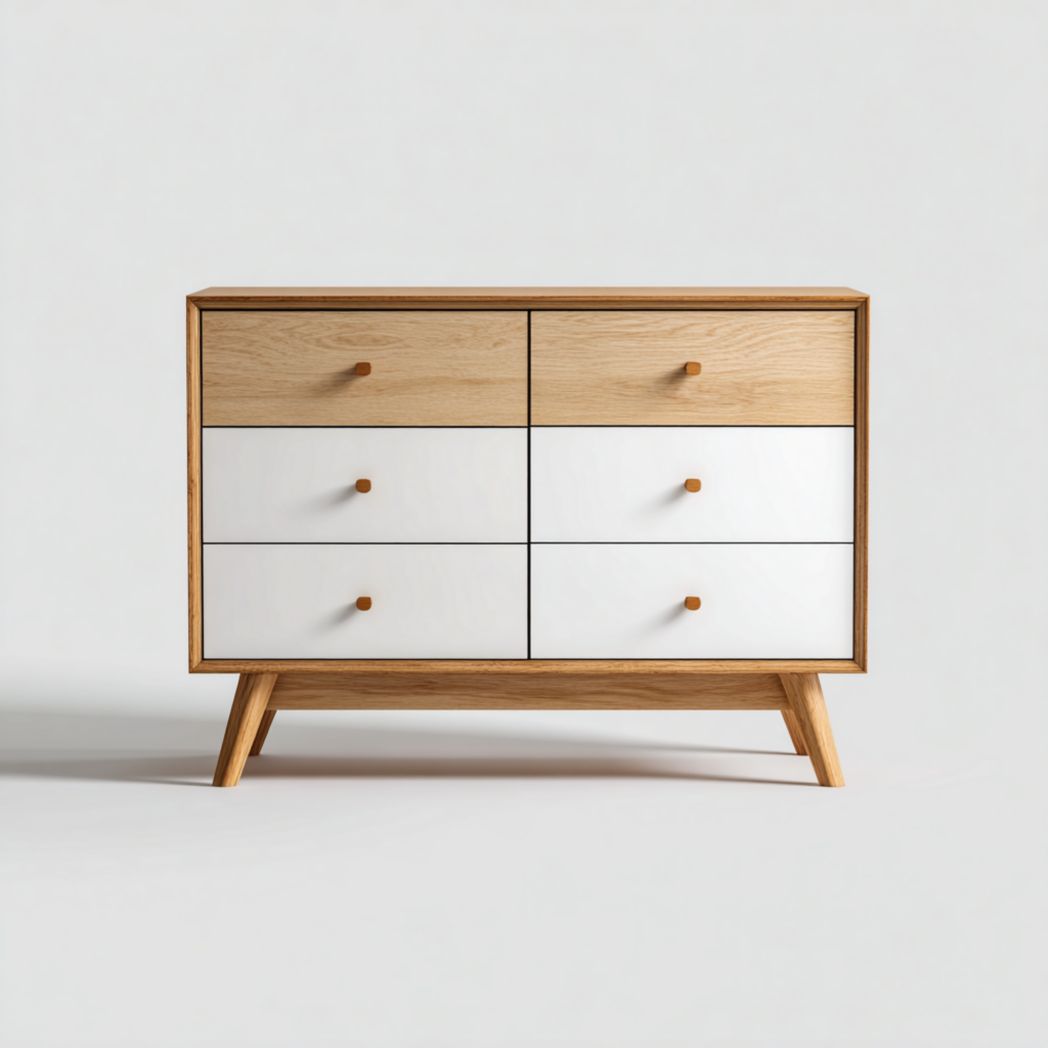 Commode à six tiroirs brun clair et blanc