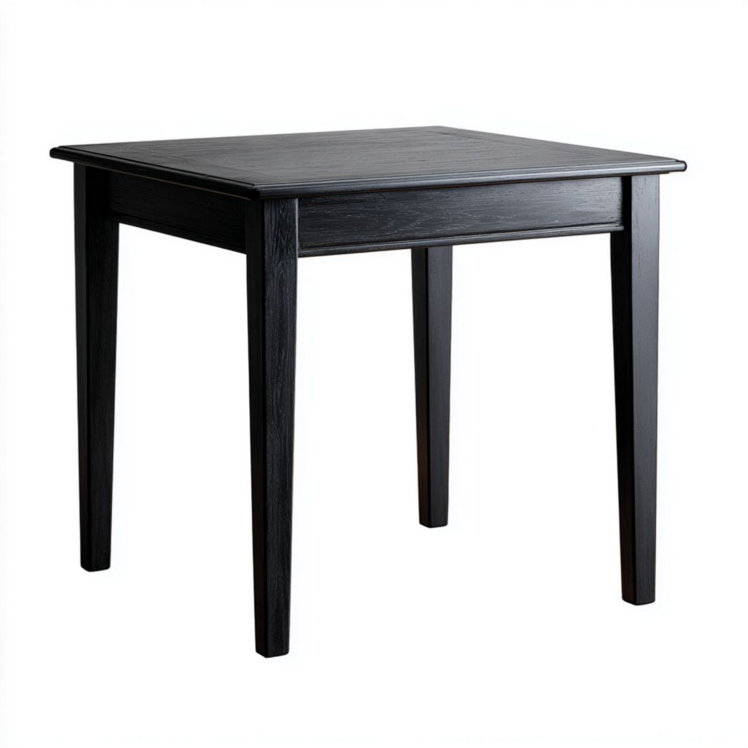 Table de jardin carrée en bois noir plateau à cadre épais pieds coniques