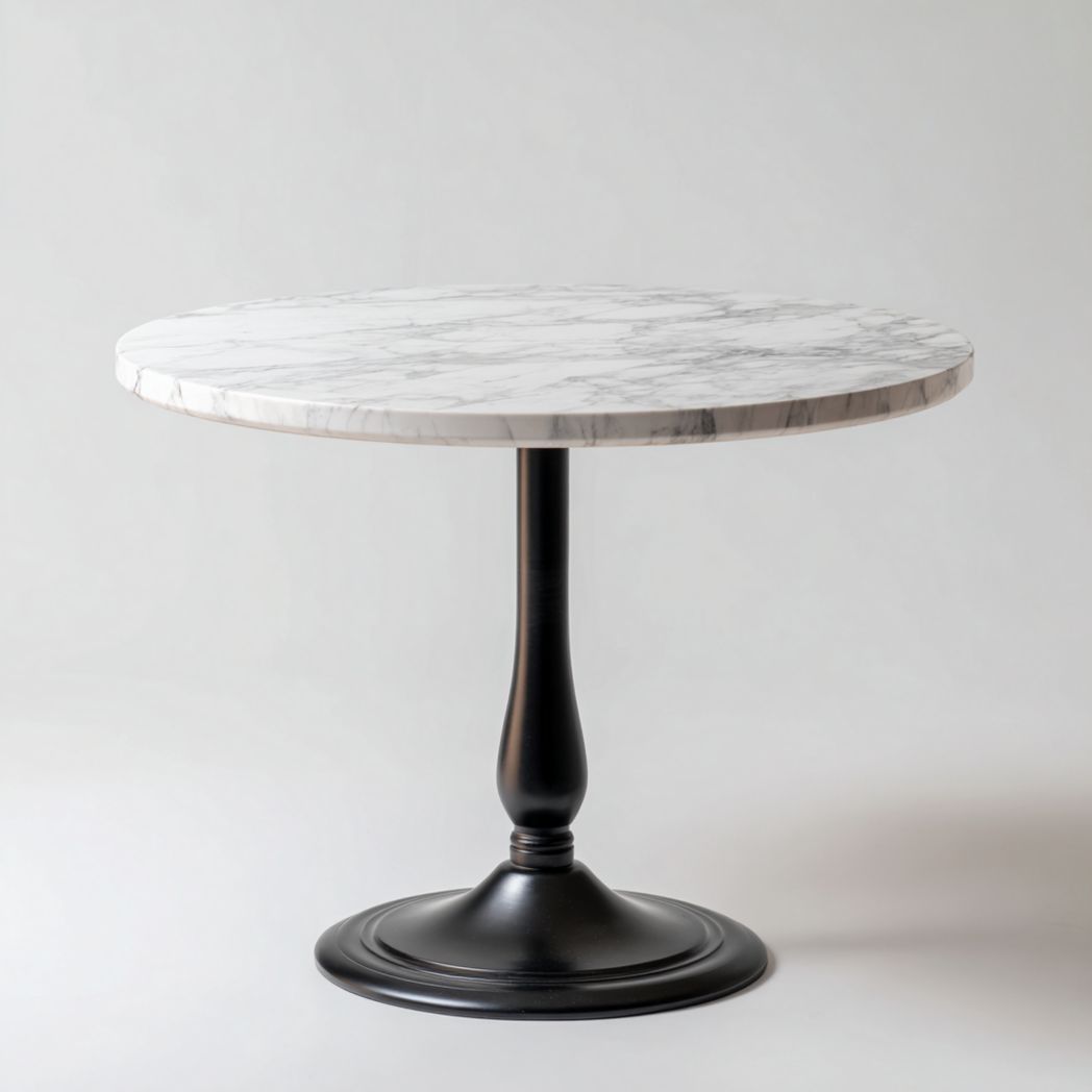 Table à manger ronde en marbre blanc veiné avec base noire