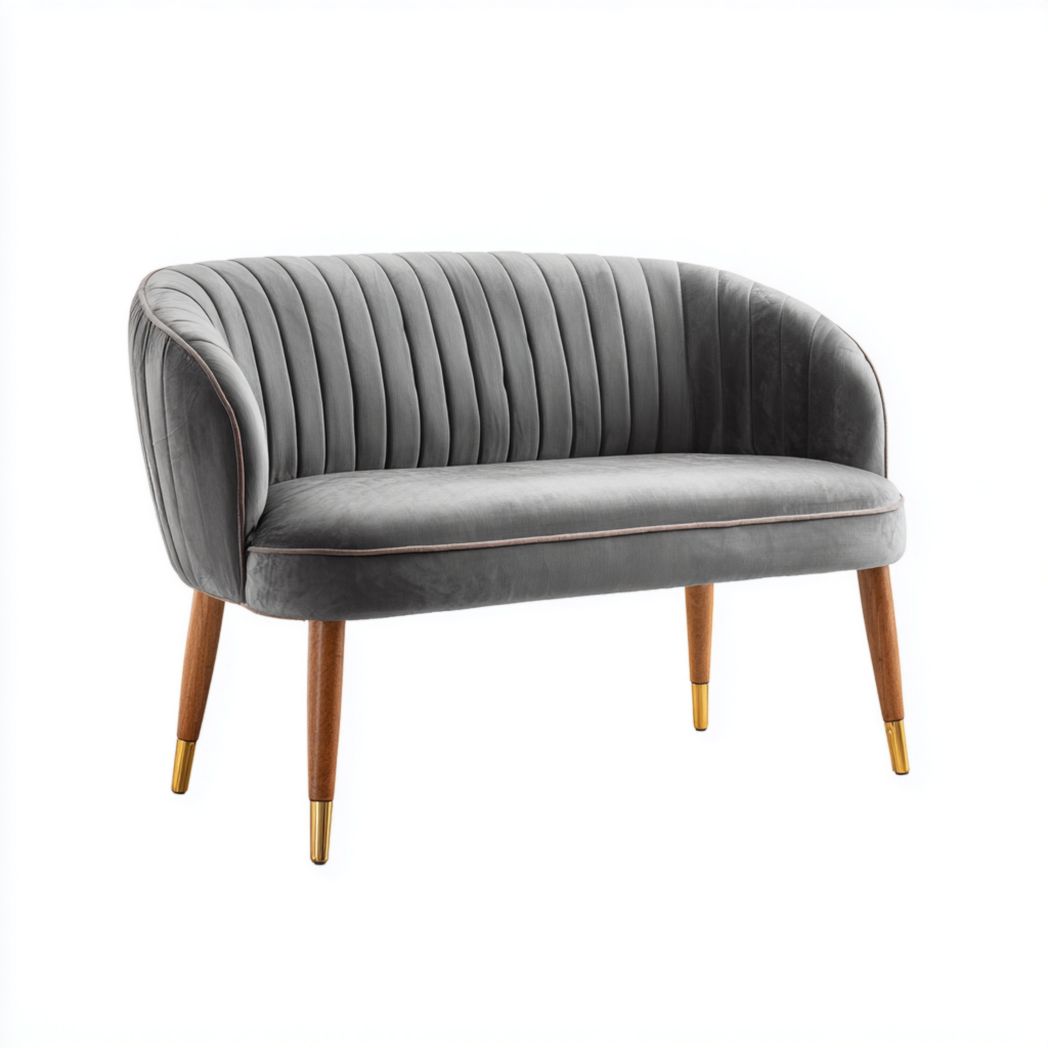 Banc deux places en velours gris avec pieds en bois et embouts dorés