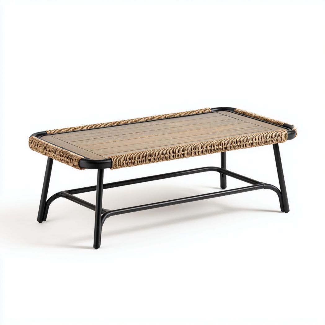 Table basse de jardin rectangulaire – Table d’extérieur marron clair en aluminium et rotin tressé