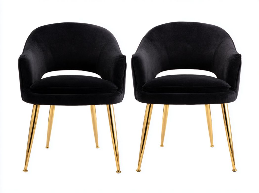 Lot de 2 chaises de salle à manger en velours noir avec pieds en métal doré