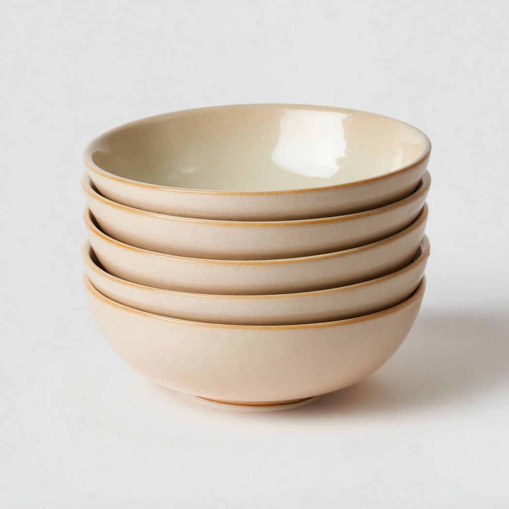 Lot de 5 Bols en Céramique Beige Clair avec Bordure Dorée