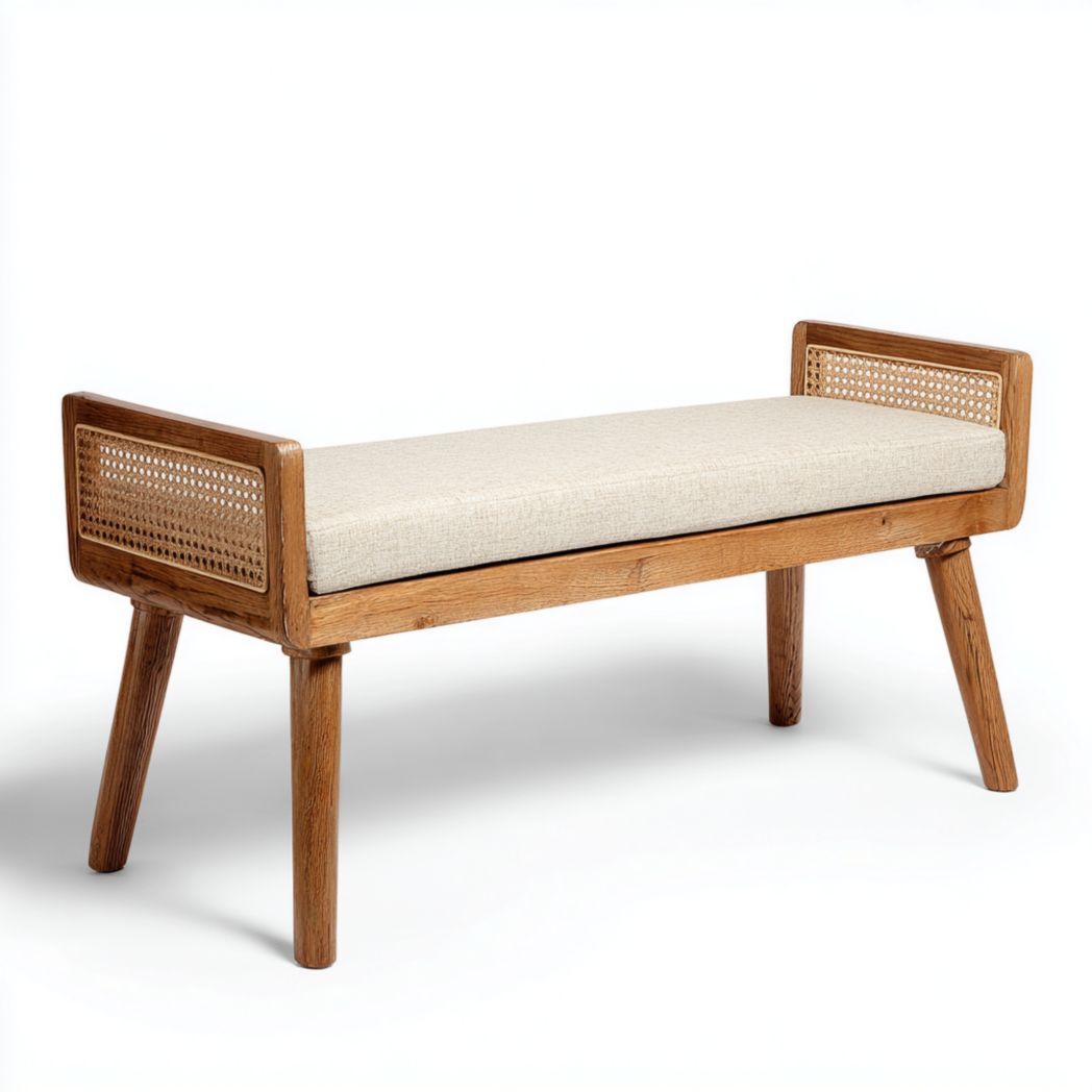 Banc avec structure en bois brun clair et coussin en tissu beige