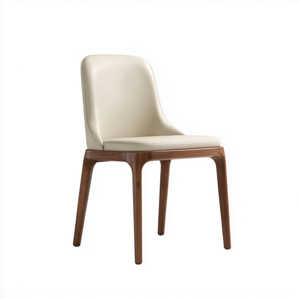 Chaise de salle à manger en cuir beige avec dossier et pieds en bois massif brun foncé