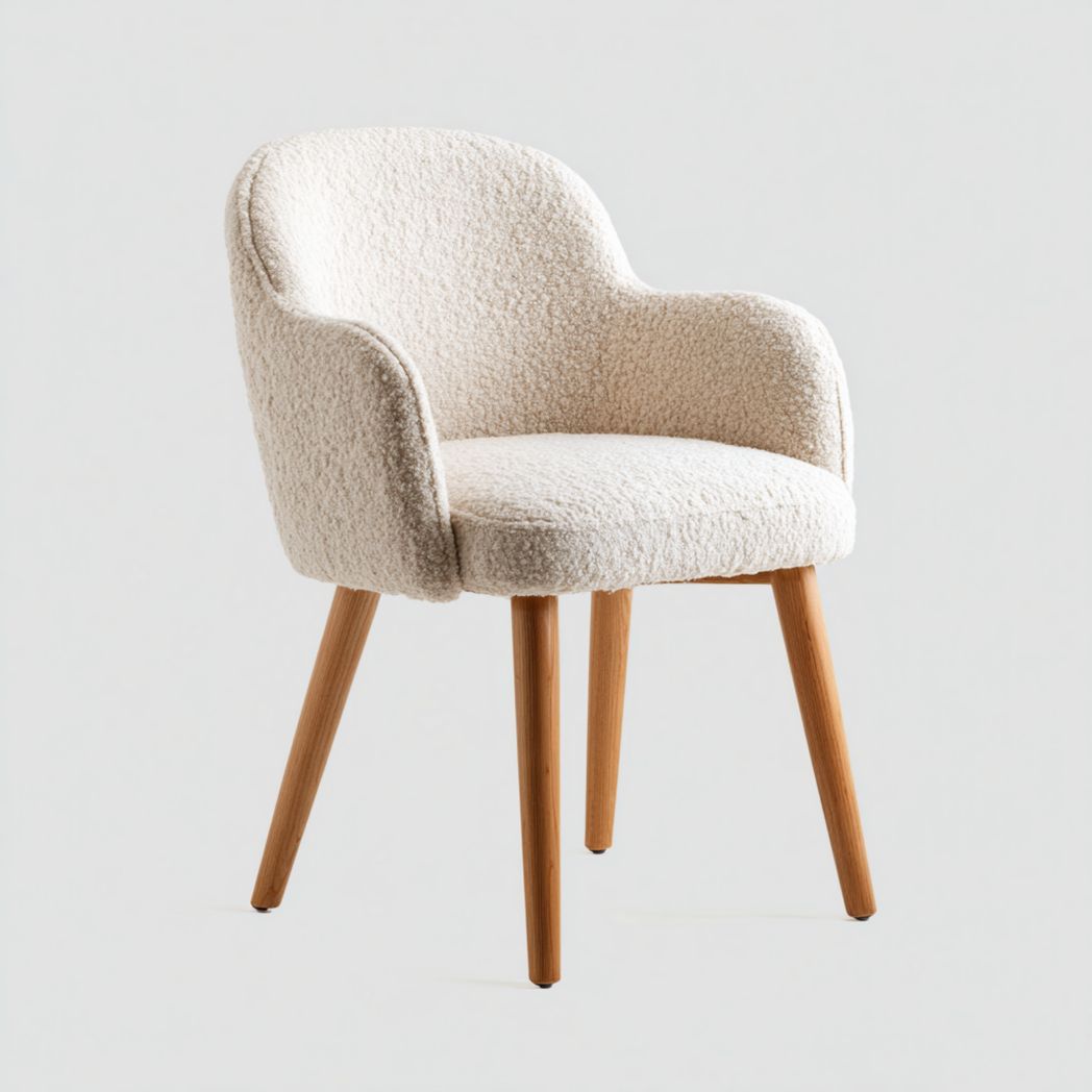 Fauteuil en tissu bouclette blanc cassé avec pieds en bois massif