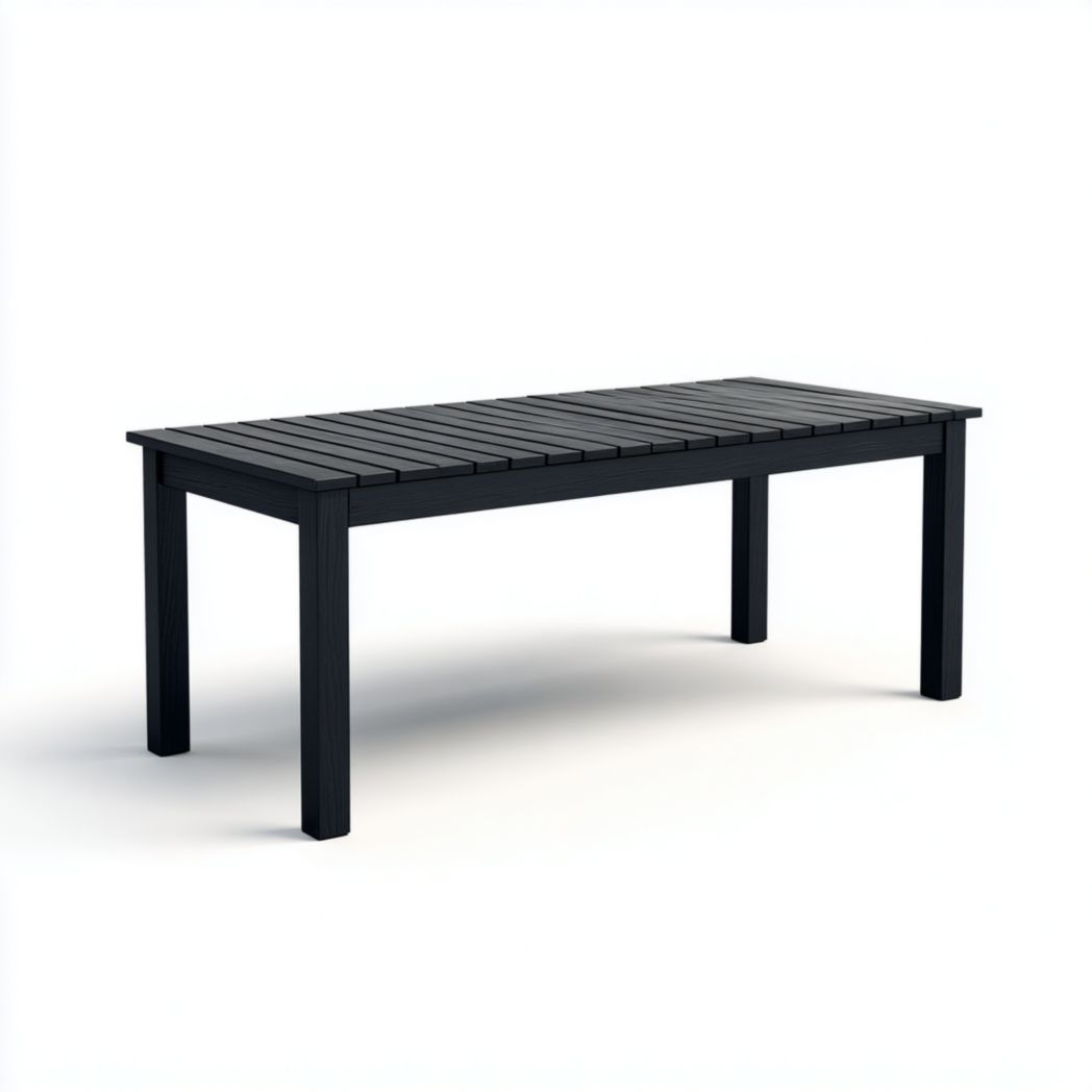 Table de jardin rectangulaire en bois noir avec plateau à rayures et piètement à pieds droits.