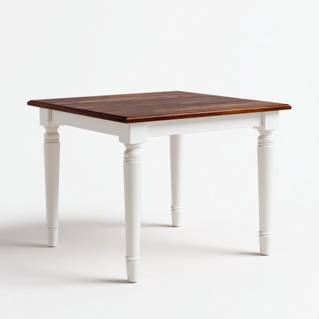 Table à manger carrée avec plateau en bois massif brun foncé et pieds blancs