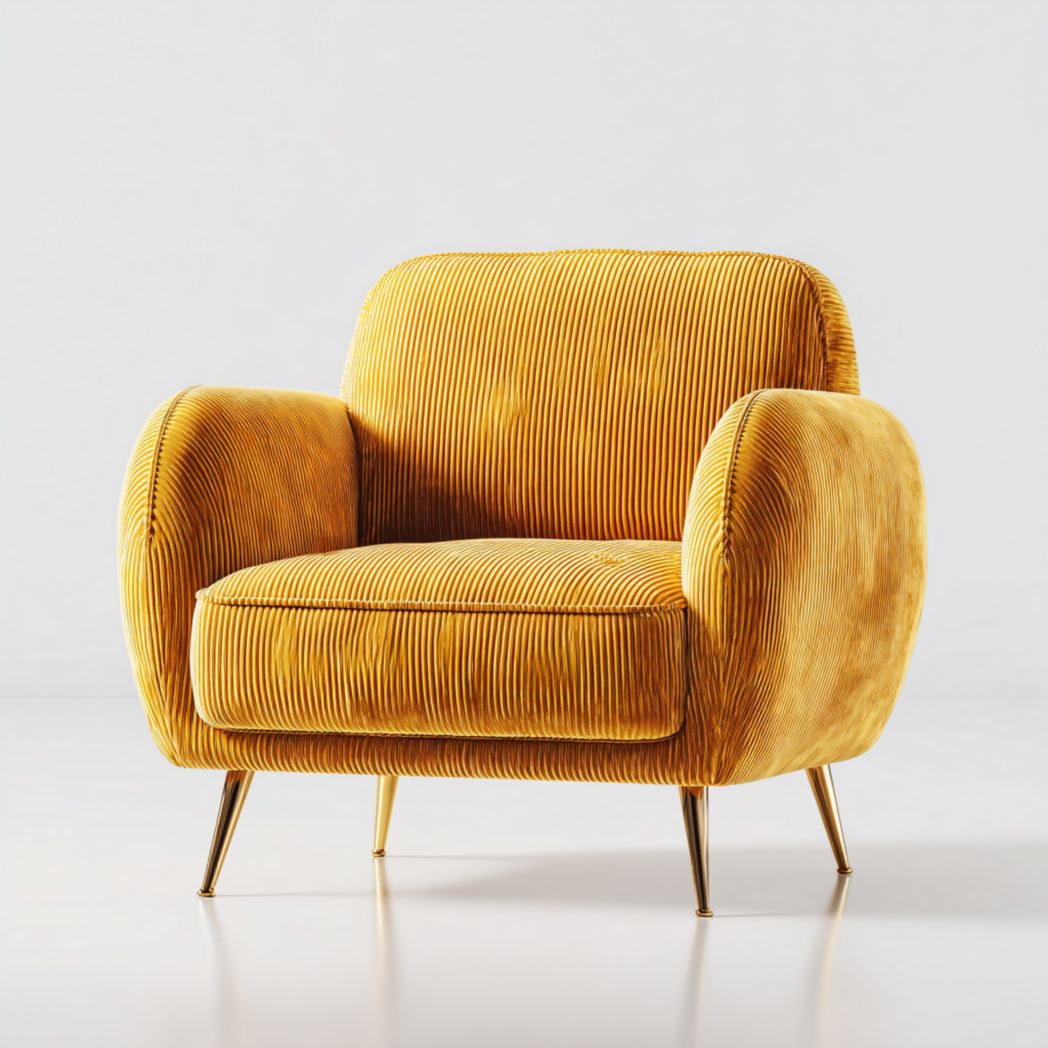 Fauteuil en velours côtelé jaune doré avec pieds en métal doré
