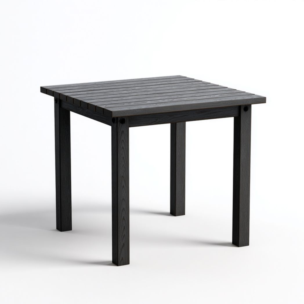 Table de jardin carrée en bois noir	plateau à lattes