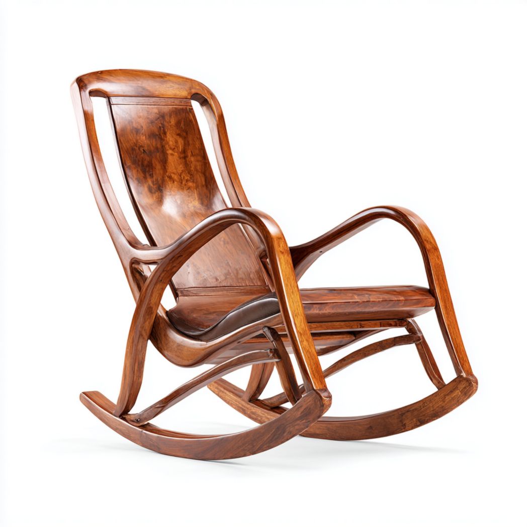 Fauteuil à bascule en bois massif brun foncé avec dossier sculpté