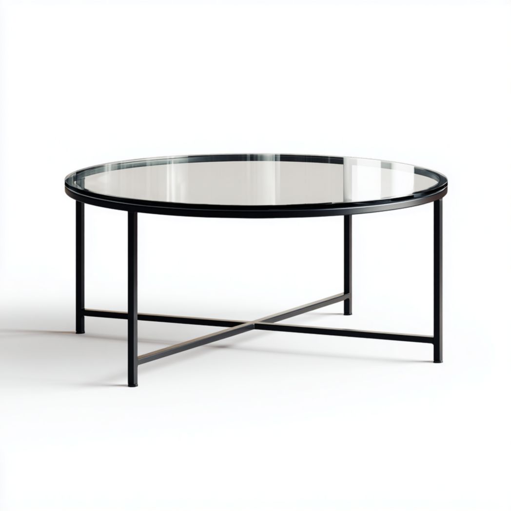 Table basse ronde en métal noir avec plateau en verre transparent