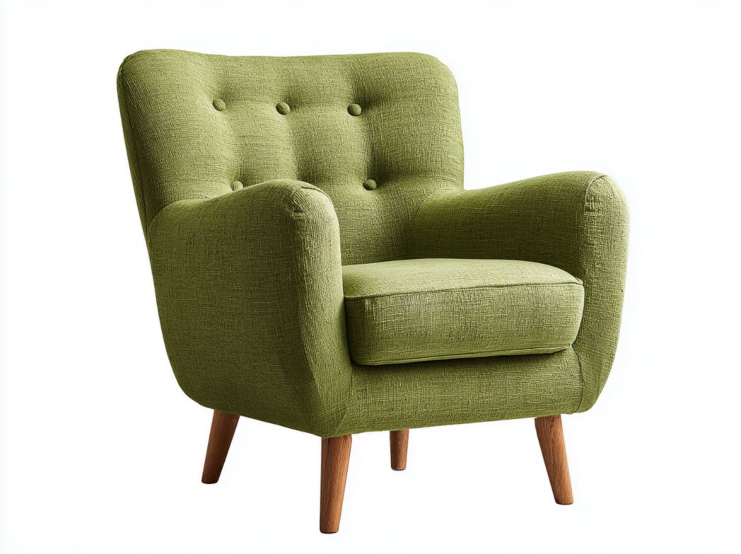 Fauteuil en lin et coton vert avec pieds en bois brun clair