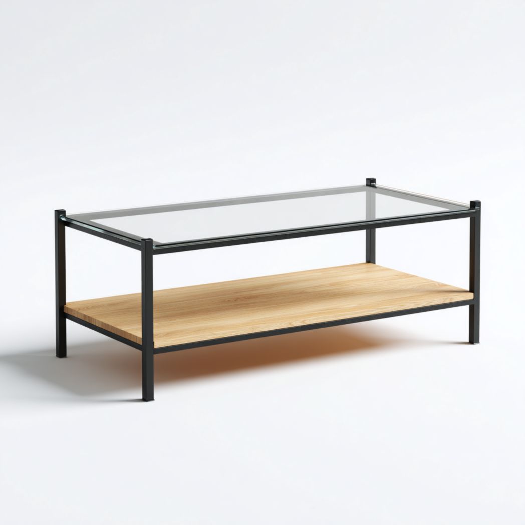 Table basse rectangulaire à deux niveaux avec cadre en métal noir et plateau en verre