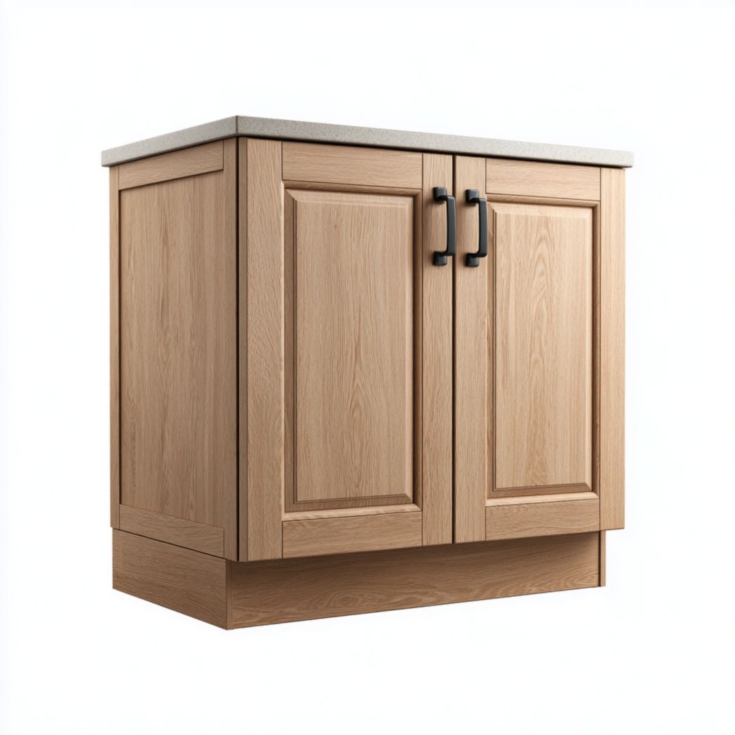 Meuble bas de cuisine à deux portes, couleur bois brun clair avec plateau beige