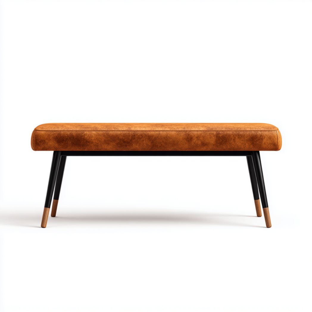 Banc avec pieds en métal noir et assise en cuir marron