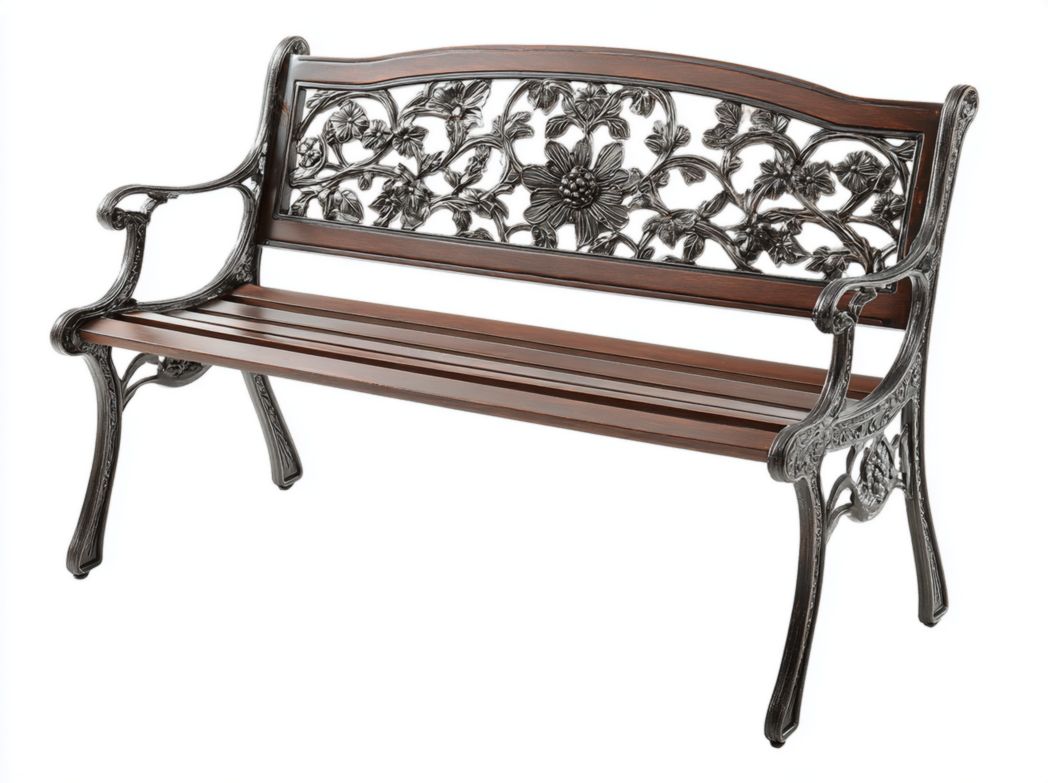 Banc de jardin en métal et bois sculpté d’extérieur