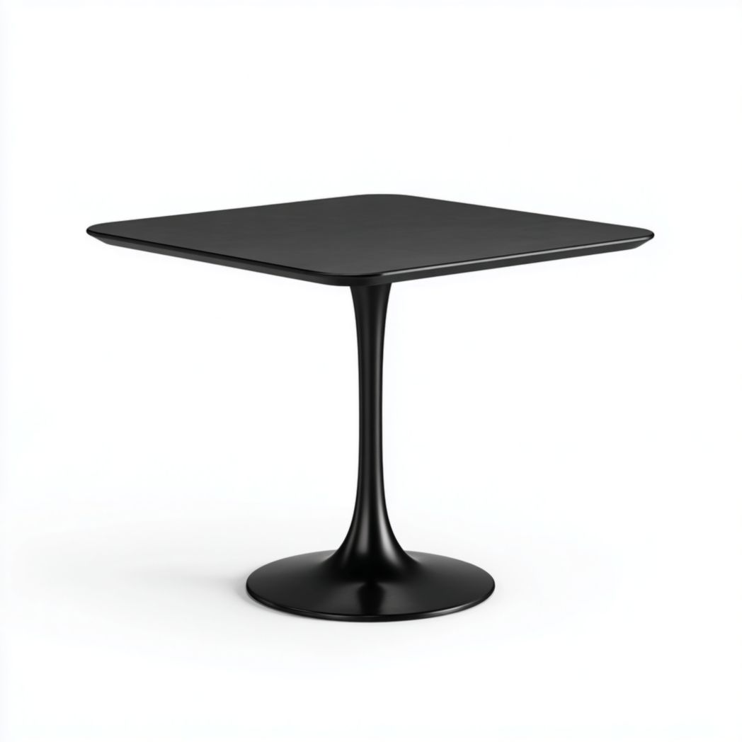 Table à manger carrée en métal noir avec base centrale ronde