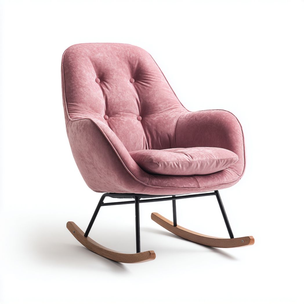 Fauteuil à bascule en velours ras rose avec structure en métal noir et base en bois jaune clair
