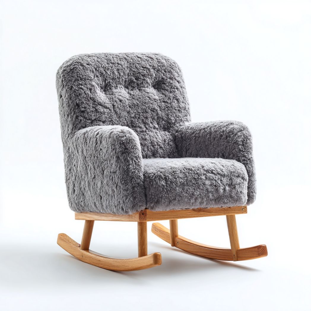 Fauteuil à bascule en tissu bouclette gris avec structure en bois jaune clair
