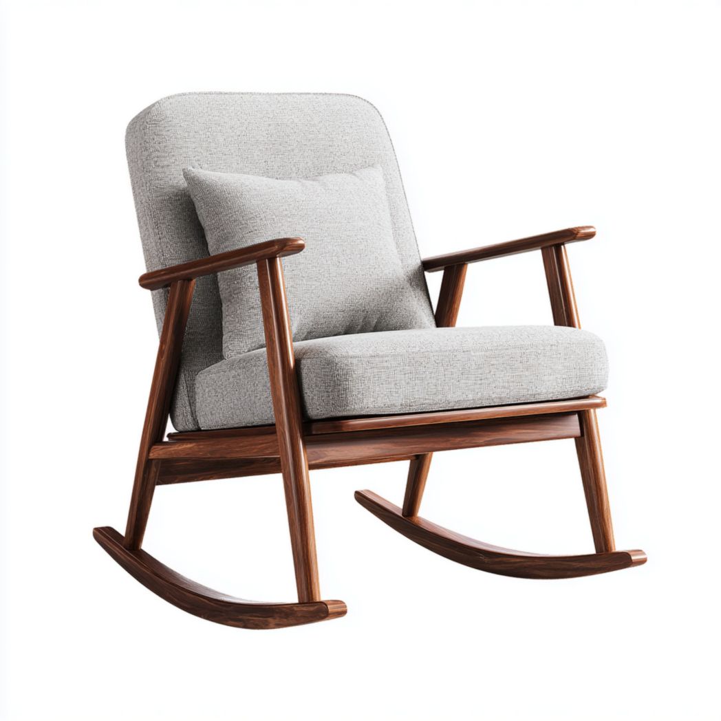 Fauteuil à bascule en lin gris clair avec structure en bois brun foncé
