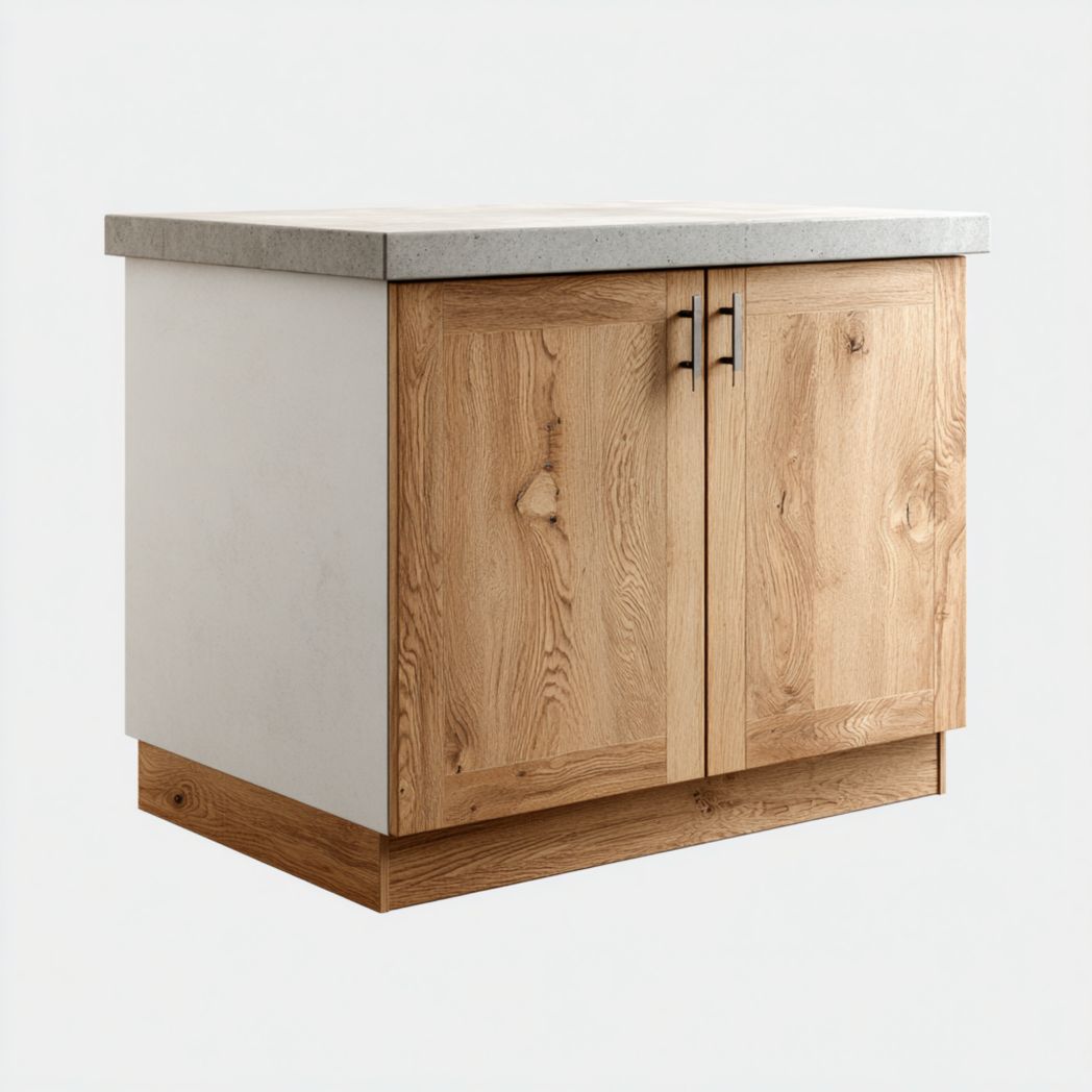 Meuble bas de cuisine blanc, plateau gris clair