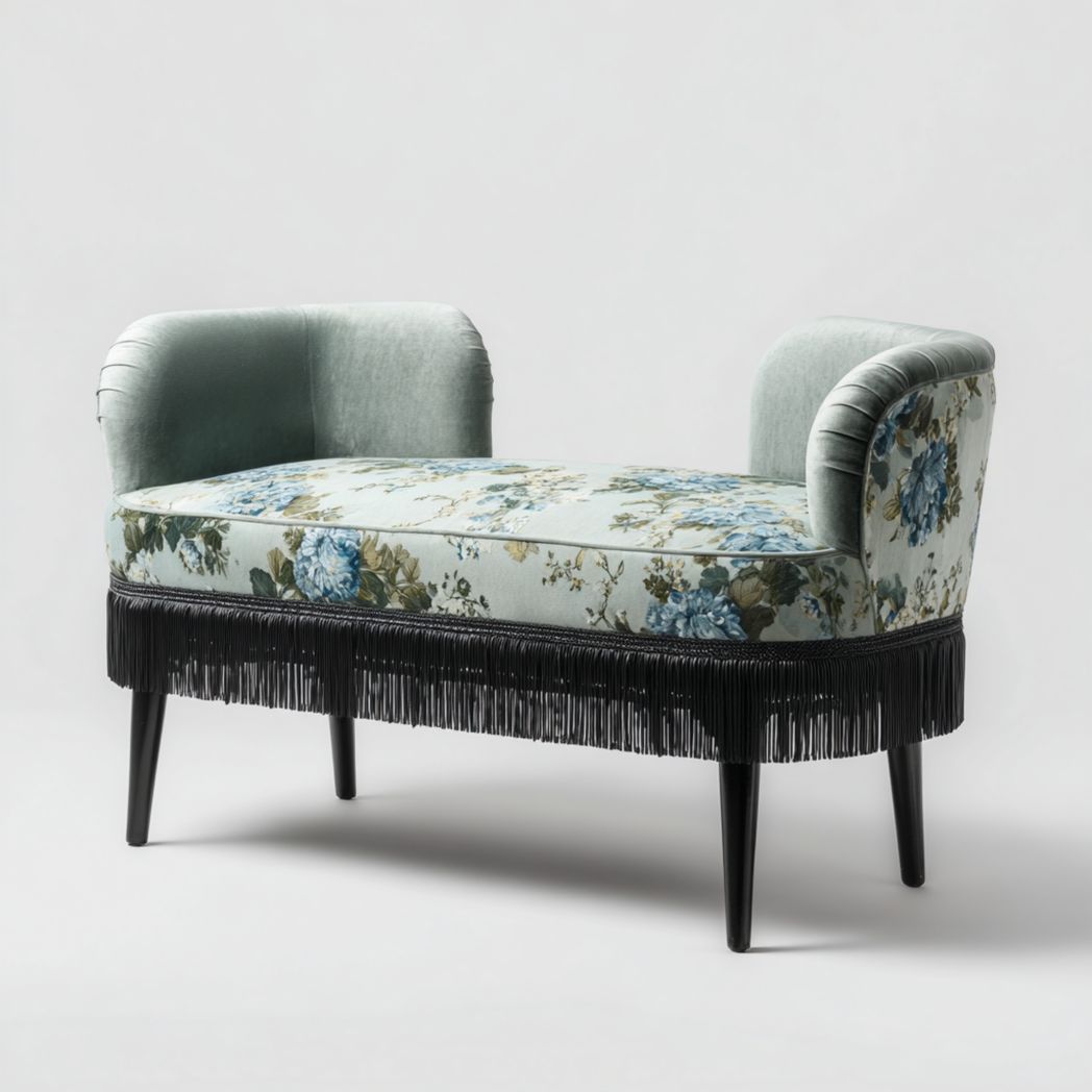Banc en velours imprimé floral bleu-vert avec franges noires