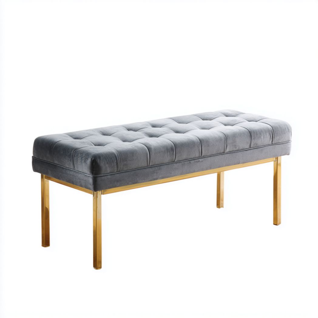 Banc en velours gris avec structure en métal doré
