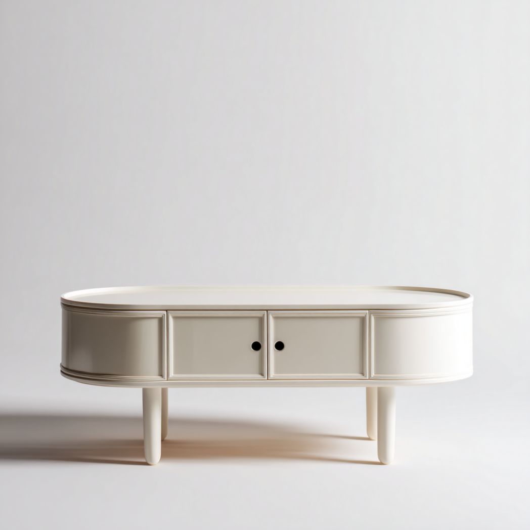 Table basse ovale de rangement en MDF et bois massif beige clair