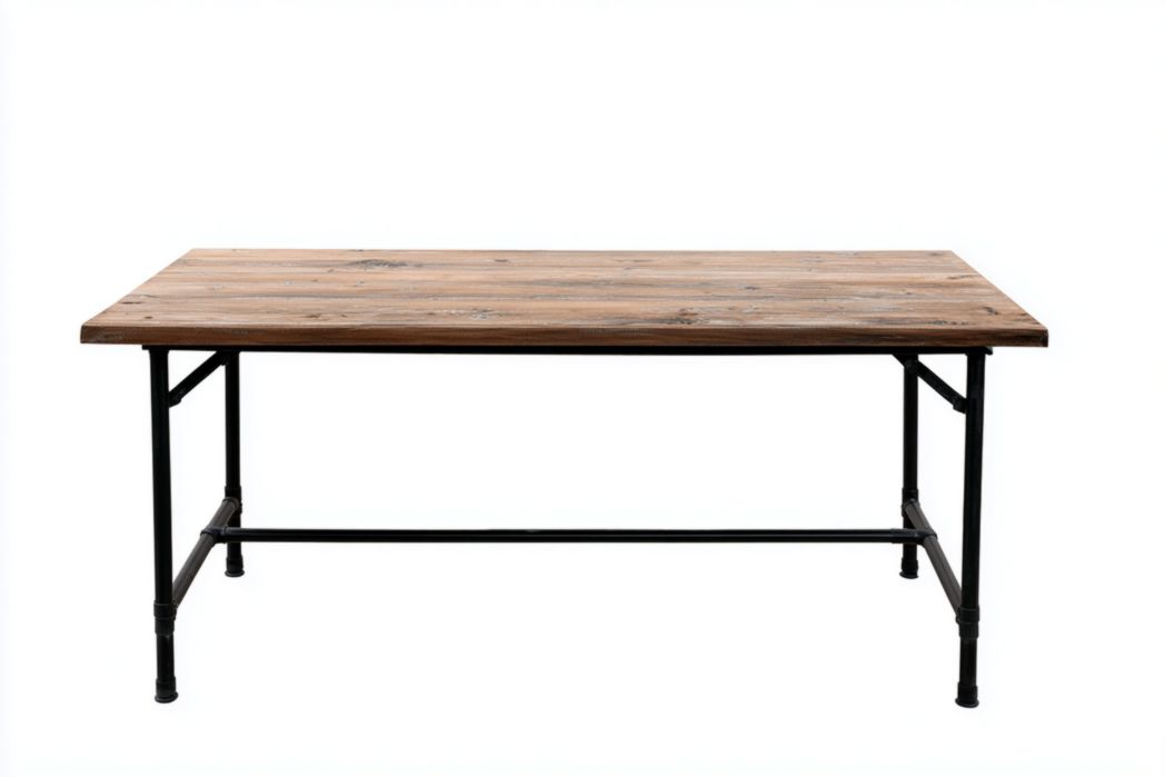 Table à manger rectangulaire avec plateau en bois massif brun foncé et structure métallique noire