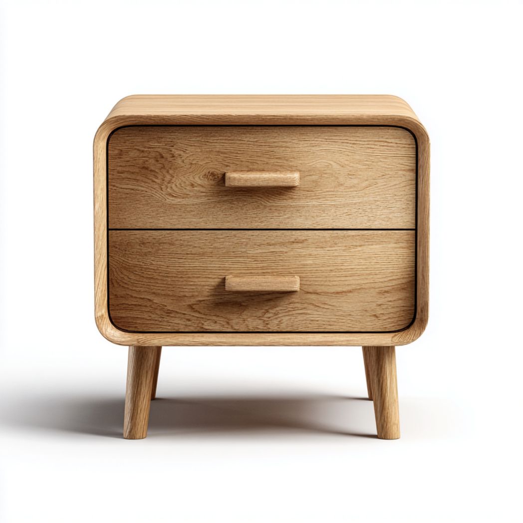 Table de chevet en bois brun clair à deux tiroirs avec coins arrondis