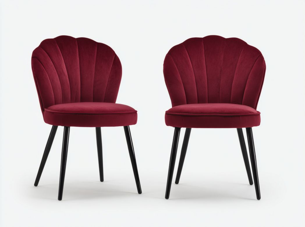 Lot de 2 chaises de salle à manger en velours bordeaux avec dossier coquille et pieds en métal noir