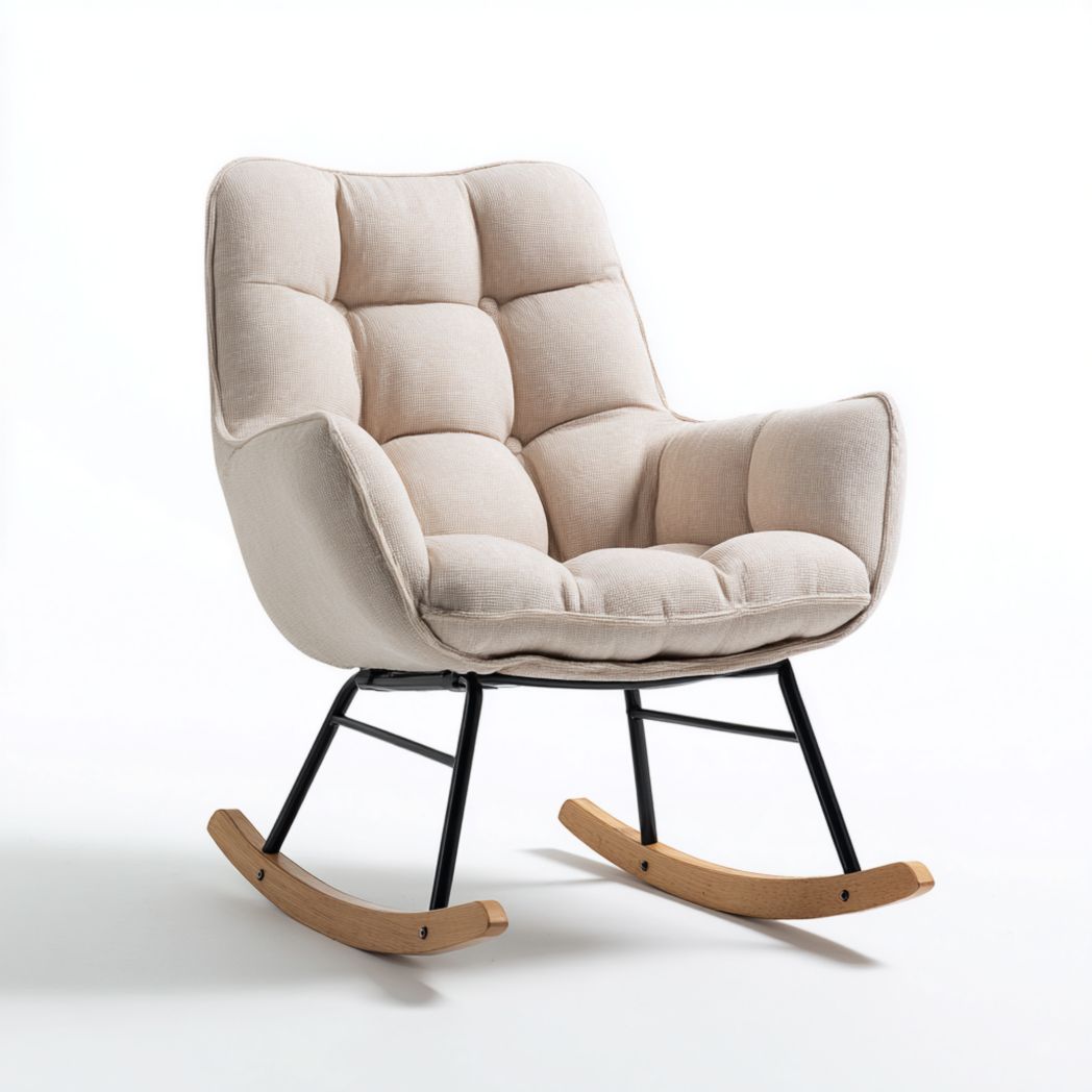 Fauteuil à bascule en lin beige avec structure en métal noir et base en bois jaune clair