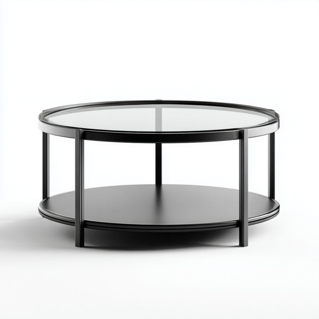 Table basse ronde à deux niveaux en métal noir et verre trempé