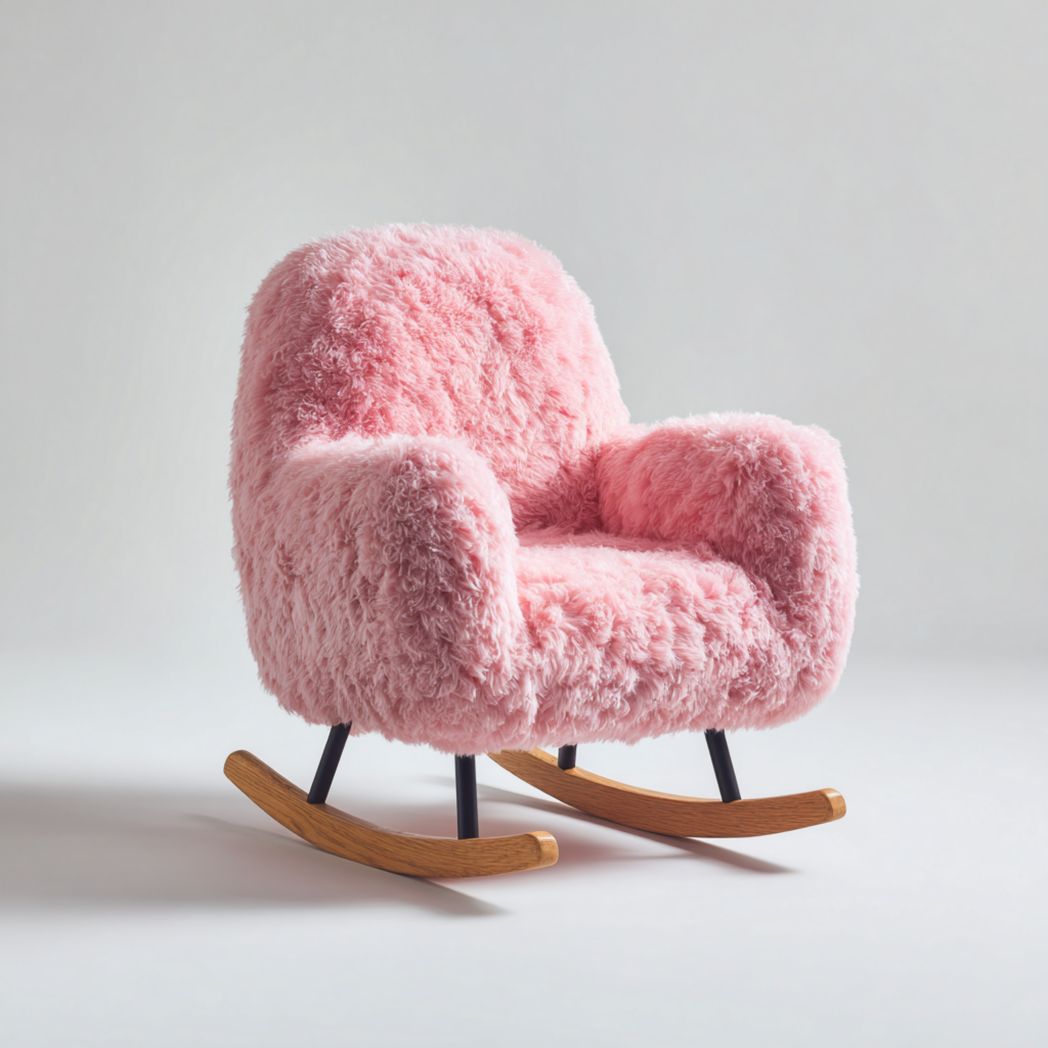 Fauteuil à bascule en tissu fausse peau de mouton en fibres de polyester rose avec structure en métal noir et base en bois clair